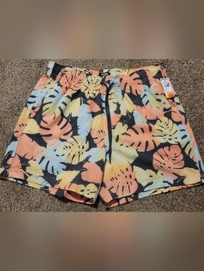 RSQ Swim Men's Tropical Leaf Swim Shorts - Coral, Yellow & Light Blue